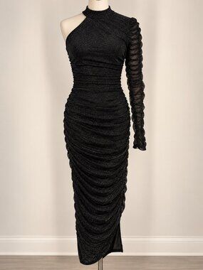 Emprada Black One Shoulder Ruched Shimmer Midi Dress XL NWOT
